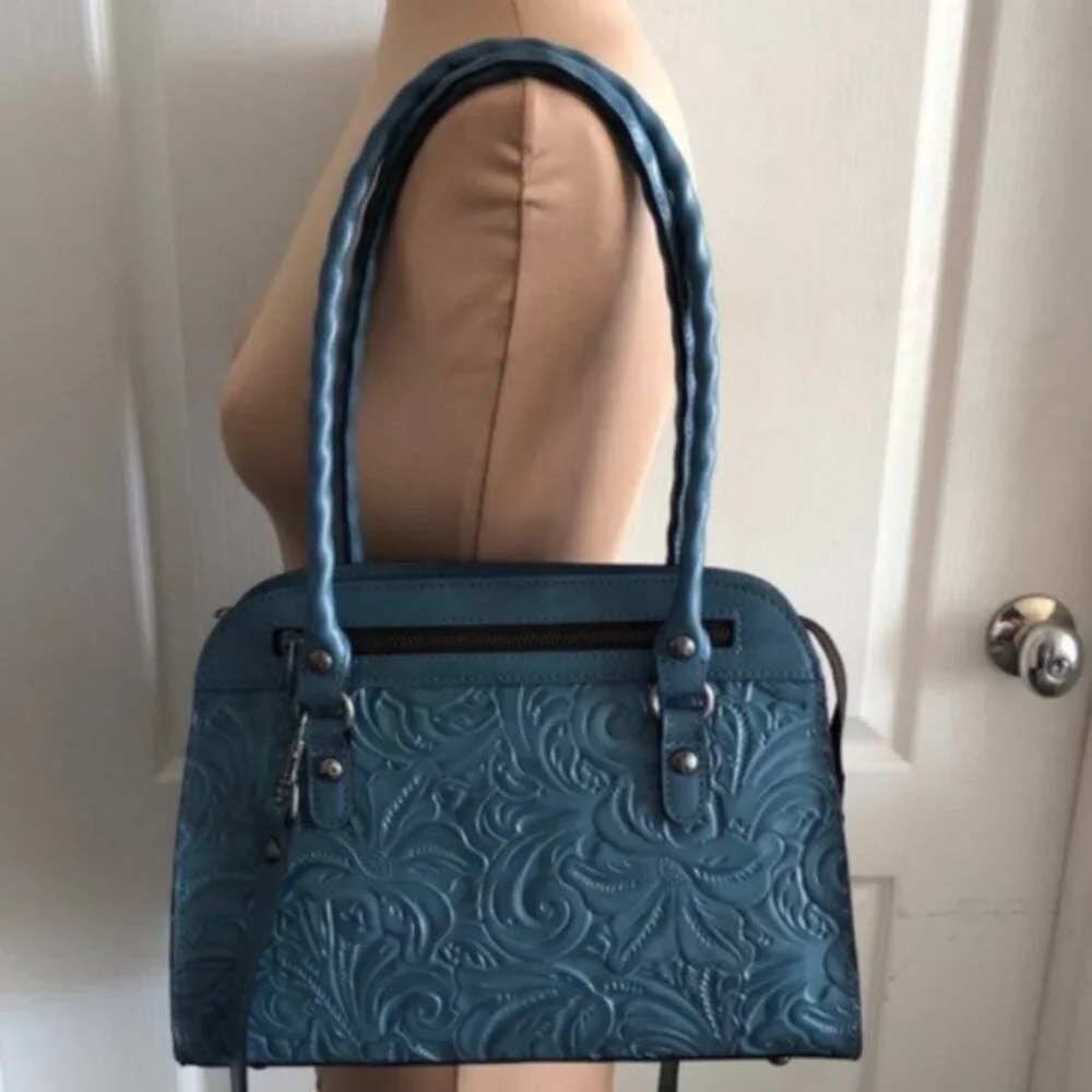PATRICIA NASH LEATHER CALVI TOOLED FLORAL SATCHEL CROSSBODY SAFFLOWER BLUE
